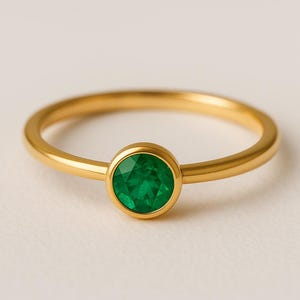 Dainty Emerald Solitaire Ring, Columbian Emerald Round Cut Ring, Lab Grown Emerald Engagement Ring, Minimalist Emerald Handmade Ring