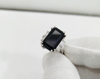 Art deco 7 kt (16 x 10 mm) natuurlijke zwarte onyx verlovingsring, 925 zilver achthoekig geslepen zwarte onyx statement ring, jubileumcadeau voor haar