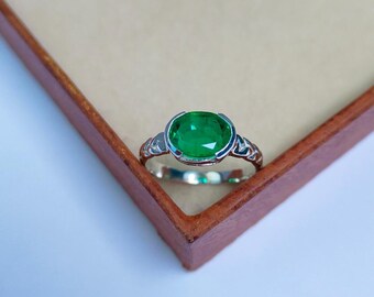 Unique Emerald Engagement Ring, Oval Emerald East West Ring in 925 Sterling Silver Ring, Lab Grown Emerald Ring, Emerald Handmade Ring