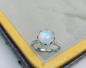 Natural Rainbow Moonstone Engagement Ring, Floral Design Handmade Ring, 925 Sterling Silver, Moonstone Promise Ring, June Birthstone Ring