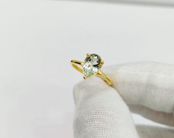 Natural Green Amethyst Ring in 925 Sterling Silver, Pear Cut Green Amethyst Solitaire Ring, Handmade Ring, February Birthstone, Gift for her