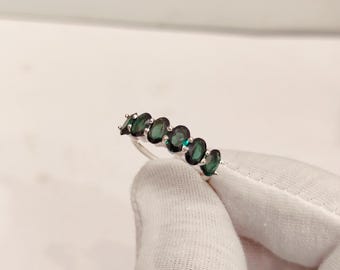 Green Teal Sapphire Band Ring, Oval Cut Teal Sapphire Half Eternity Band in 925 Sterling Silver, Lab Grown Teal Sapphire Wedding Ring