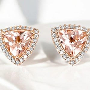Natural Morganite Stud Earing in 14K Rose Gold Vermeil, Trillion Morganite Halo Stud Earring, Gemstone Earring, Luxury Earring, Gift for Her