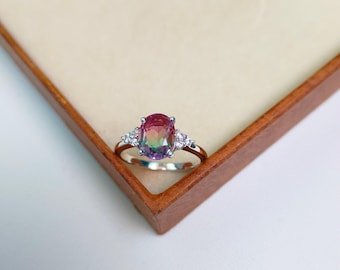 Bi Color Watermelon Tourmaline Ring, Watermelon Tourmaline Doublet Quartz Ring , Oval Cut  Tourmaline Handmade Silver Ring, Gift for Her