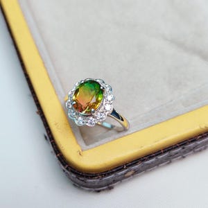 Bi Color Watermelon Tourmaline Ring, Watermelon Tourmaline Doublet Quartz Ring with Halo , Oval Cut  Tourmaline Silver Ring, Gift for Her