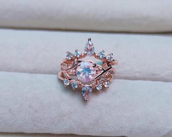 Vintage regnbågsfärgad månsten brudring set, månsten förlovningsring med löv, månsten löfte ring, juni födelsesten, present till henne