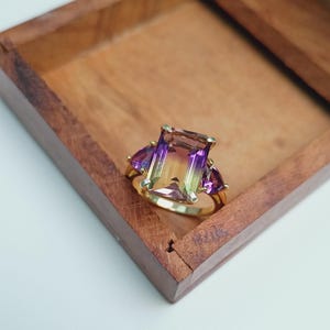Bi-Color Ametrine Engagement Ring, Emerald Cut Ametrine Cocktail Ring in 925 Sterling Silver, Anniversary Ring, Unique Statement Ring