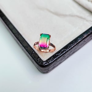 Bold Emerald Cut Watermelon Tourmaline Ring, Bi Color Tourmaline Doublet Quartz Ring in Sterling Silver Handmade Solitaire Statement Ring