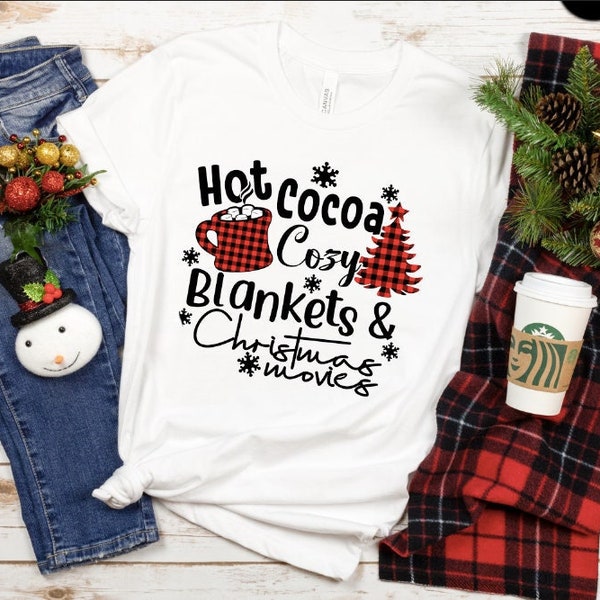 Hot Cocoa Cozy Blankets Christmas Movies, Christmas Shirt, Christmas Family Outfits, Matching Buffalo Plaid, Winter Shirt, Holiday Tee,Xmas