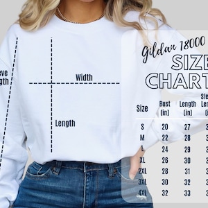 May include: A white Gildan 18000 sweatshirt size chart with measurements in inches for bust, length, and sleeve length. The chart shows sizes S through 4XL.