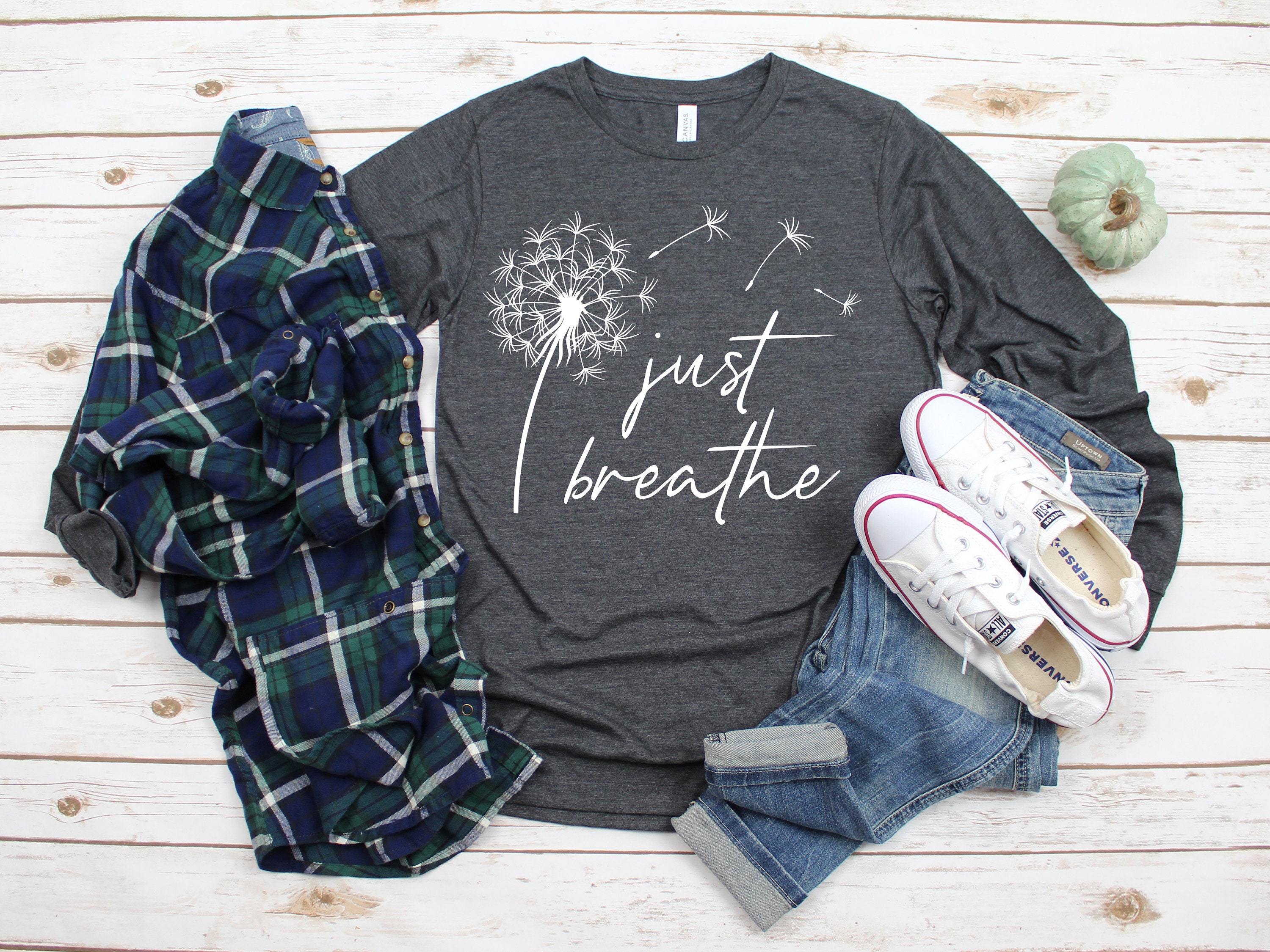 Anbech Women's 'Just Breathe' Graphic T-Shirt - Dandelion Print, Short Sleeve, Cotton Blend, Green