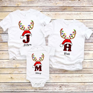 Personalized Family Christmas T-Shirt: Buffalo Plaid Reindeer Initial