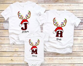 Personalized Family Christmas T-Shirt: Buffalo Plaid Reindeer Initial