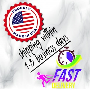 May include: A red, white, and blue American flag with the words "Proudly Made in USA" in a red circle. The text "Shipping within 1-3 business days" is written in black with a red line underneath. A green arrow with a purple and blue timer is pointing to the right. Below the timer is a pink running figure with the words "Fast Delivery" in purple, blue, and green.