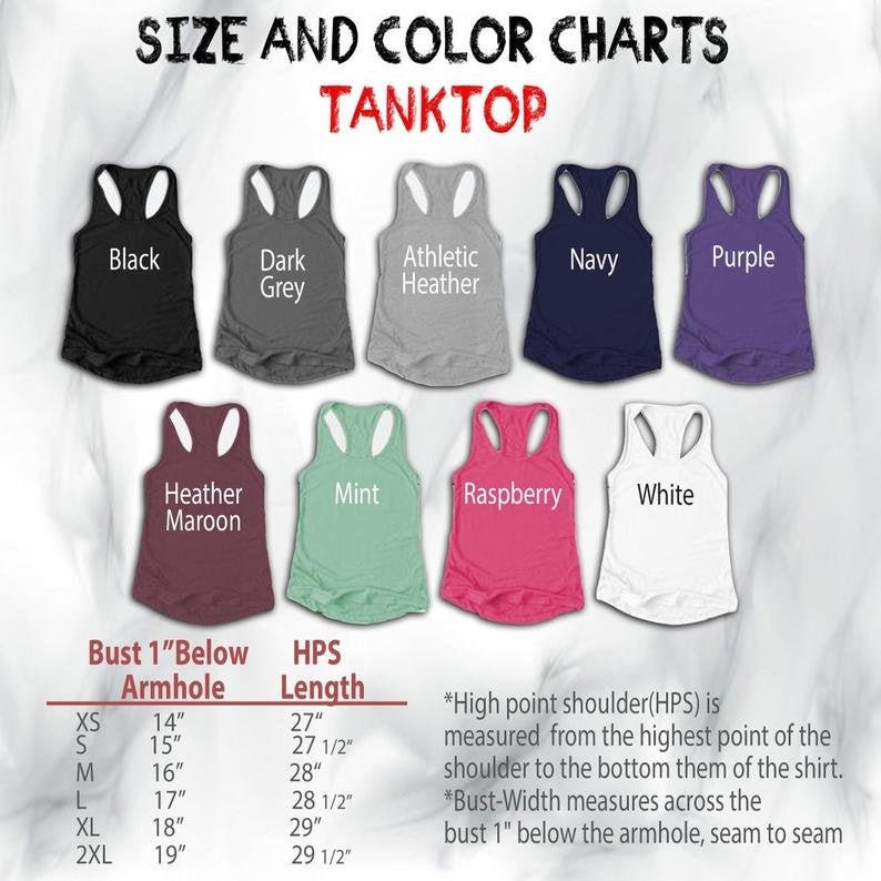 May include: Size and color chart for tank tops in various colors, including black, dark grey, athletic heather, navy, purple, heather maroon, mint, raspberry, and white. The chart includes measurements for bust, armhole, and length in inches for sizes XS, S, M, L, XL, and 2XL.