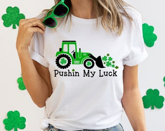 Pushing My Luck Kids St. Patrick's Day Shirt: Shamrock Tractor Tee