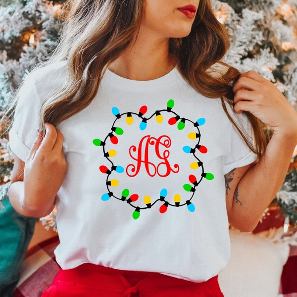 Christmas Monogrammed Family, Christmas Lights Monogrammed, Christmas Pajama Shirts, Family Christmas Shirts, Christmas Tshirts With Name