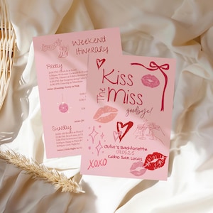 Zaproszenie na wieczór panieński Kiss the Miss Goodbye | Motyw wieczoru panieńskiego Kiss the Miss | Zaproszenie na wieczór panieński Kiss the Miss, różowo-czerwony wieczór panieński