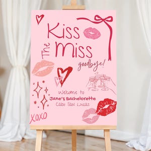 Szablon znaku powitalnego Kiss the Miss Goodbye | Motyw wieczoru panieńskiego Kiss the Miss | Wieczór panieński Kiss the Miss | Różowo-czerwony wieczór panieński