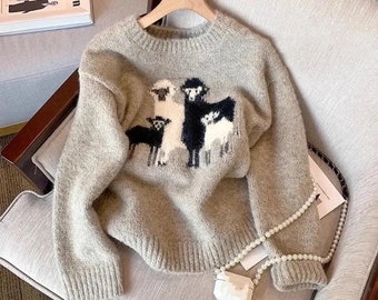 New Design sheep family’s Embroidery sweater pullover loose long sleeve soft knit top