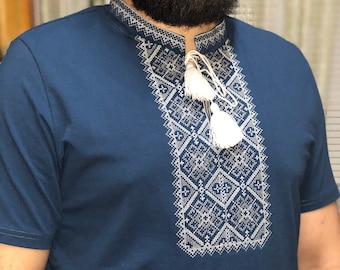 Ukrainian embroidery tshirt blue Vyshyvanka for men Traditional embroidered fabric t-shirt Ukrainian shirt sorochka Ukraine national clothes