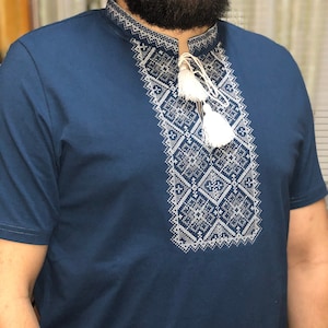 Ukrainian embroidery tshirt blue Vyshyvanka for men Traditional embroidered fabric t-shirt Ukrainian shirt sorochka Ukraine national cloth 1