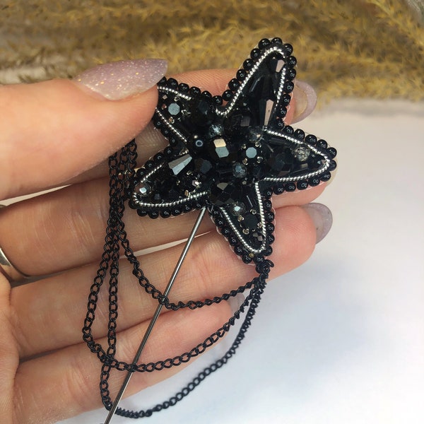 Handmade beaded black broosh star, embroidered star pin, starlight brooch gift, Crystal pin jewerly accessory Hijab Pin pin for hat