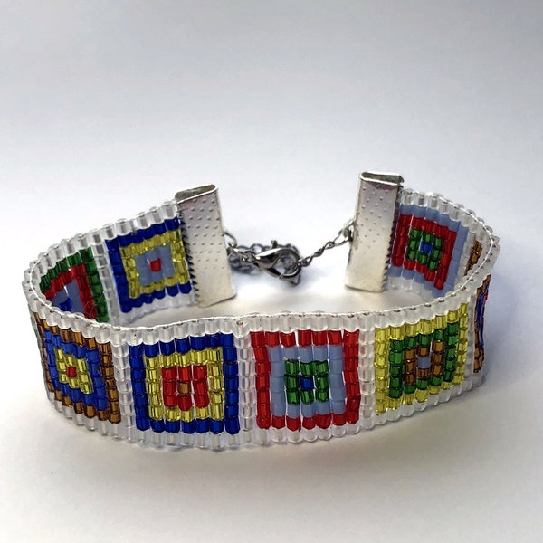 Bracelet de métier à tisser perlé arc-en-ciel argent Bracelet de perles de rocaille bracelet boho tissé Tissage natif Bracelet fait main avec des carrés imprimés Bracelet