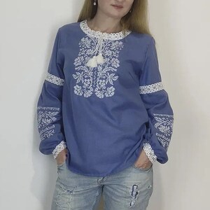 Ukrainian Embroidery Blue Vyshyvanka Traditional Women's White ...
