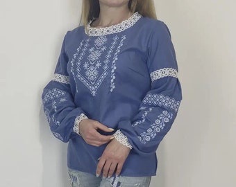 Ukrainian embroidery blue Vyshyvanka Traditional women's embroidered homespun cloth blouse Ukraine sorochka Ukrainian national clothes