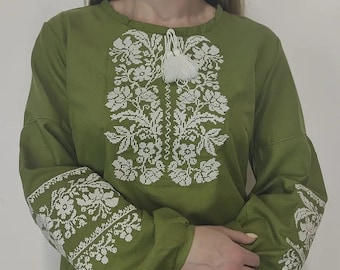Ukrainian embroidery olive Vyshyvanka Traditional women's embroidered homespun cloth blouse Ukraine sorochka Ukrainian national clothes 01
