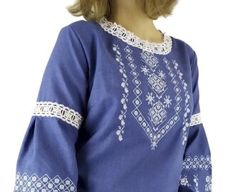 Ukrainian embroidery blue Vyshyvanka Traditional women's embroidered homespun cloth blouse Ukraine sorochka Ukrainian national clothes