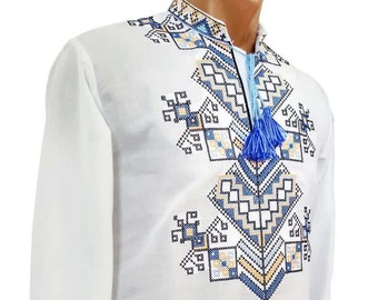 Broderie ukrainienne en coton à manches courtes Vyshyvanka blanc T-shirt brodé traditionnel pour hommes chemise bleue slave géométrique sorochka Ukraine