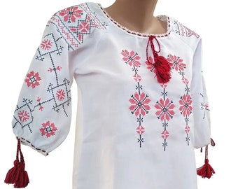Ukrainian embroidery cotton Vyshyvanka big size woman Traditional women's red embroidered blouse Ukraine seller sorochka national clothes