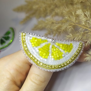 Lemon brooch Lime brooch jewelry yellow citrus pin beaded brooch embroidered pin Fruit vegetarian pin gift for friend