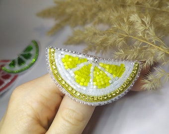 Lemon brooch Lime brooch jewelry yellow citrus pin beaded brooch embroidered pin Fruit vegetarian pin gift for friend