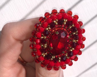 Classic round red brooch with rhinestone beaded brooch Crystal red circle pin for scarf jewerly for jaket vintage art deco Gift for woman