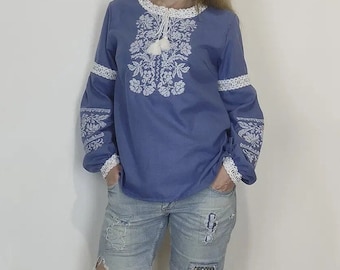 Ukrainian embroidery blue Vyshyvanka Traditional women's white embroidered homespun cloth blouse Ukraine Blouse sorochka national clothes