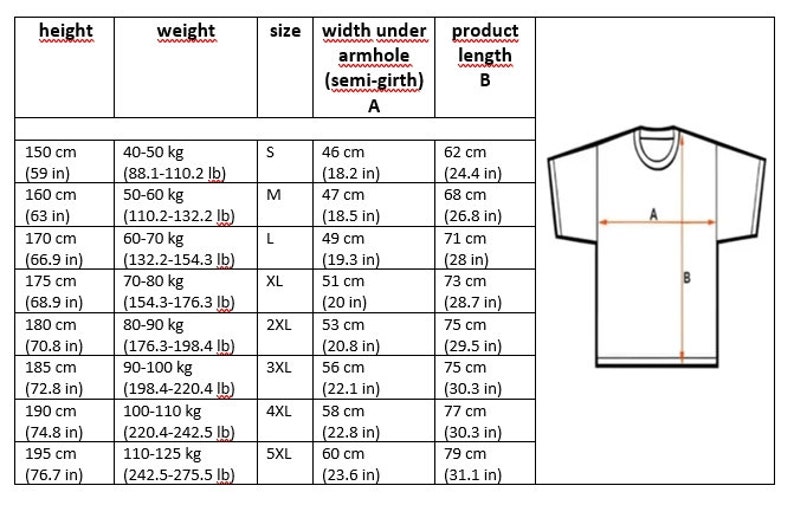 May include: Size chart for a t-shirt with measurements in inches and centimeters. The chart shows the height, weight, size, width under armhole, and product length for different sizes. The chart also includes a diagram of a t-shirt with the measurements labeled.