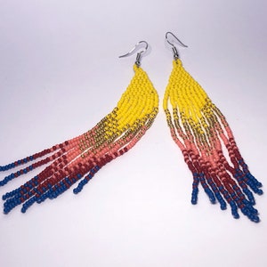 Long Fringe earrings seed bead dangle chandelier earrings Dainty yellow gold blue Drop shoulders Earrings Cute Boho Jewellery