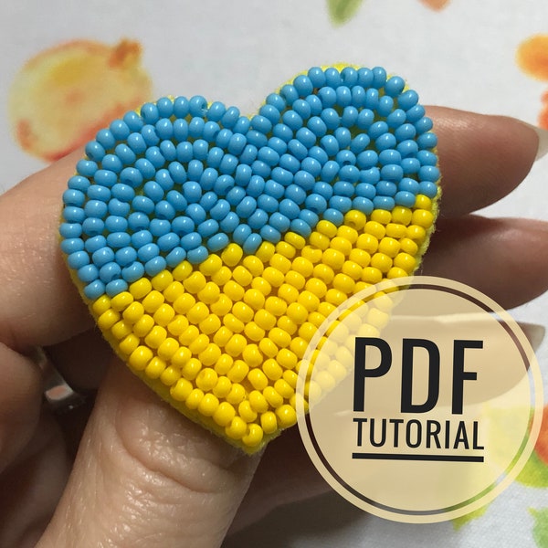 Brooch Heart of Ukraine TUTORIAL pattern Brooch making guide Step by step instruction Embroidery beaded DIY blue yellow pin PDF master class