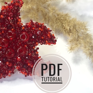 May include: A red beaded starfish with a PDF tutorial label. The starfish is made with red and orange beads and has a 3D effect.