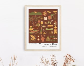 Travelers Rest, motif SC 18 x 24 pouces Greenville, impressions SC, oeuvre d'art maison, estampes de Caroline du Sud, cadeaux de pendaison de crémaillère