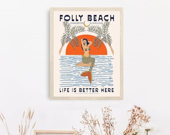 Folly Beach SC 18 x 24 po. Impressions bleues, oeuvre d'art pour la maison de vacances, impression tropicale, impression d'art de plage, art mural, cadeau de pendaison de crémaillère