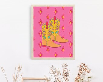 Cowboy Boots 11x14in Poster Print | Pink and Yellow Cowboy Art | Boho Western Gifts and Decor | Western Art