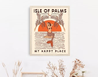 Isle Of Palms, SC 18x24in Orange Mermaid Prints, Vacation Home Artwork, Tropical print, Beach Art Print Wall Art, Housewarming Gift