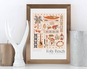 Obra de arte de Folly Beach, SC, 18 x 24 pulgadas, impresión de Carolina del Sur, arte de pared con impresión artística de Folly Beach, SC, regalo de inauguración de la casa, póster de arte