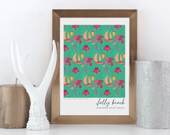 Folly Beach, SC 18x24in Prints, Floral Beach Home Artwork, South Carolina Prints, Beach Home Print Wall Art, Housewarming Gift