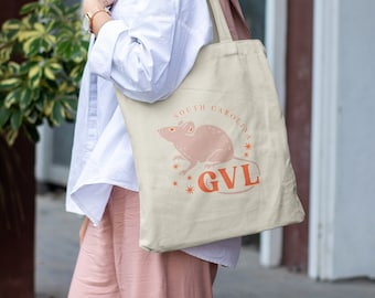 Greenville SC Canvas Tote Bag - Pastel Mice On Main Illustrated Canvas Tote Bag - Greenville South Carolina Tote