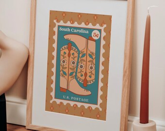 Timbres-poste SC de Cowboy Boots, 28 x 35 cm, impression d'affiche | Art de cow-boy neutre | Cadeaux et décoration bohèmes occidentaux | Art occidental